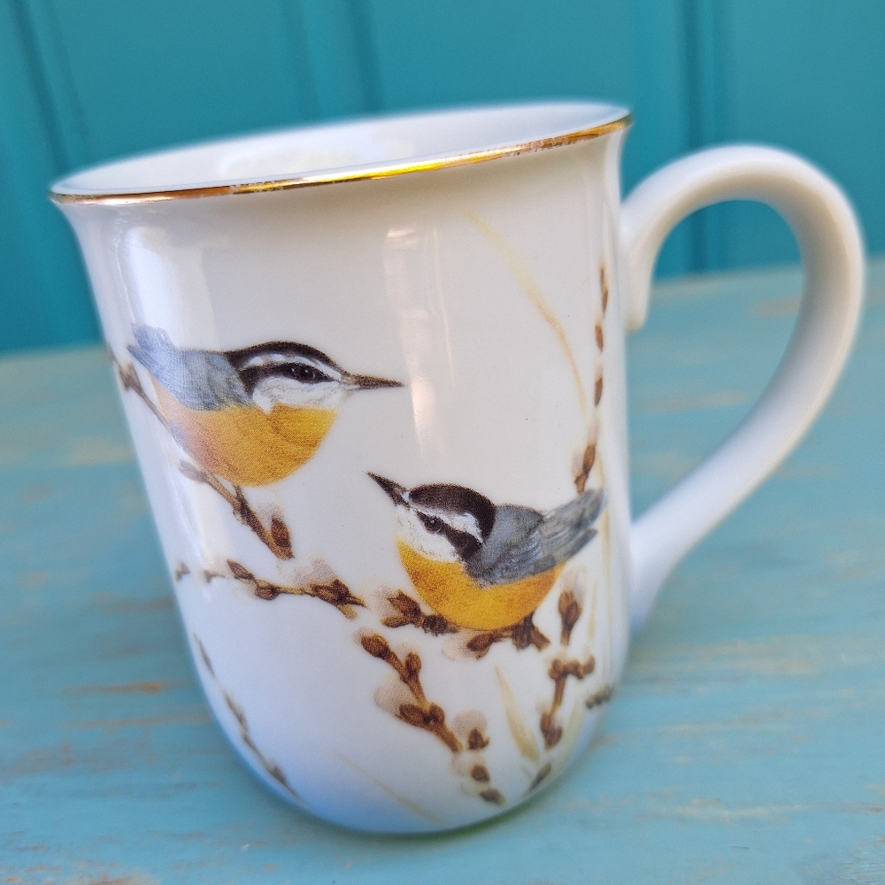 Bird Mug Otagiri Japan Coffee Cup Teacup Pretty Cute Birds Porcelain Gold Leaf - Picture 1 of 16
